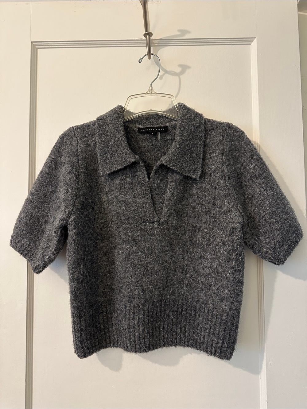 Endless Rose Gray Short-Sleeve V-Neck Collared Sweater